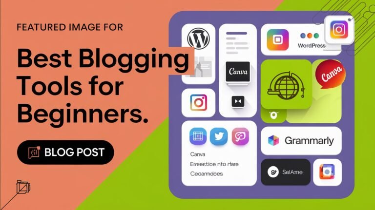 Visual representation of essential blogging tools including WordPress, Canva, Grammarly, and social media icons, with a clean and modern design.