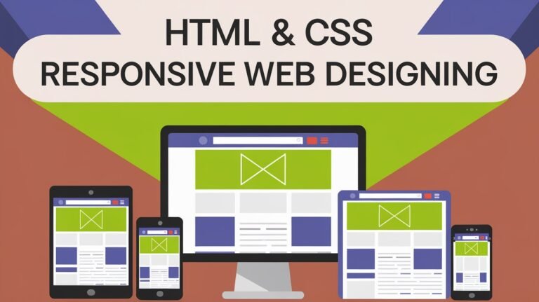 Illustration of a responsive web design layout across different devices—desktop, tablet, and smartphone—showing adaptability with HTML and CSS.