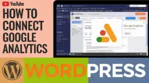 Illustration of Google Analytics and WordPress logos with analytics charts and tracking elements, representing how to connect Google Analytics to WordPress.