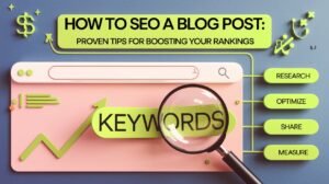 SEO blog post tips with search engine icons, keywords, and an upward graph