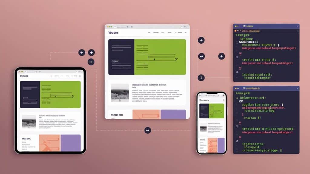 Diagram showing how a website layout adapts across different viewport sizes, including desktop, tablet, and smartphone, with HTML and CSS code snippets.