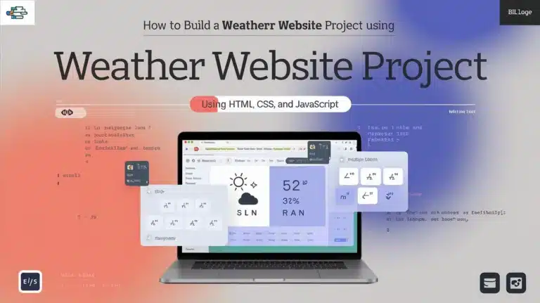 Featured image showing a laptop displaying a weather website interface with coding elements, titled 'Weather Website Project.