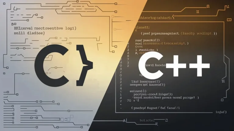 Featured image showing the difference between C and C++ programming languages with code symbols and a tech-themed background.