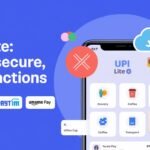 Smartphone displaying UPI Lite interface with icons for small transactions like groceries and coffee.