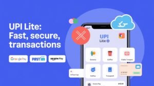 Smartphone displaying UPI Lite interface with icons for small transactions like groceries and coffee.